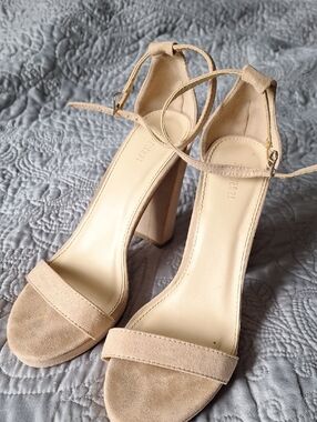Beige Suede Block Heel Sandals with Ankle Strap